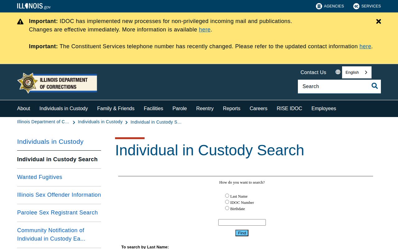 Illinois Department of Corrections offender search landing page